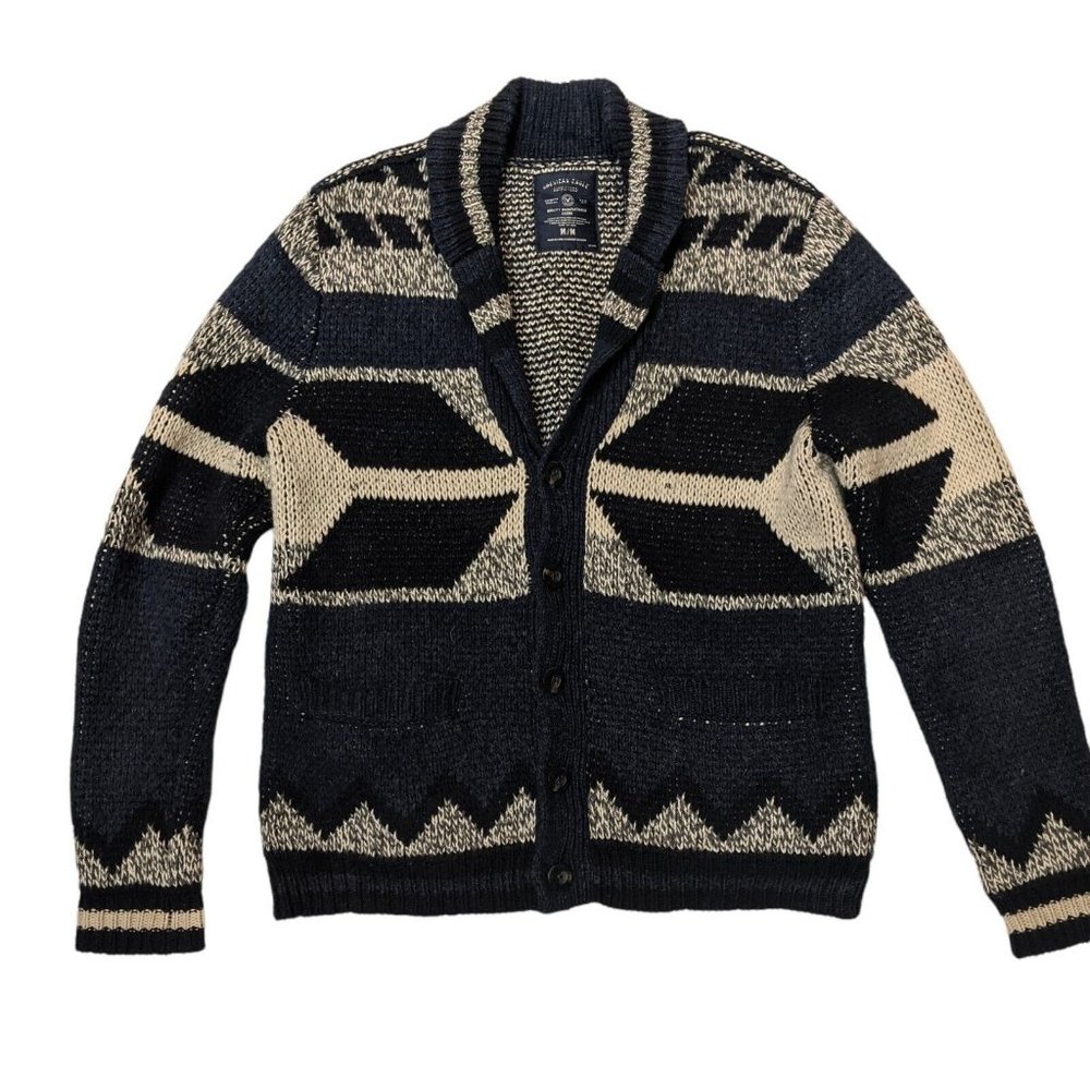 American Eagle AE Men’s M Shawl Neck Sweater Wool Blend Navy Blue Gray 5 Button